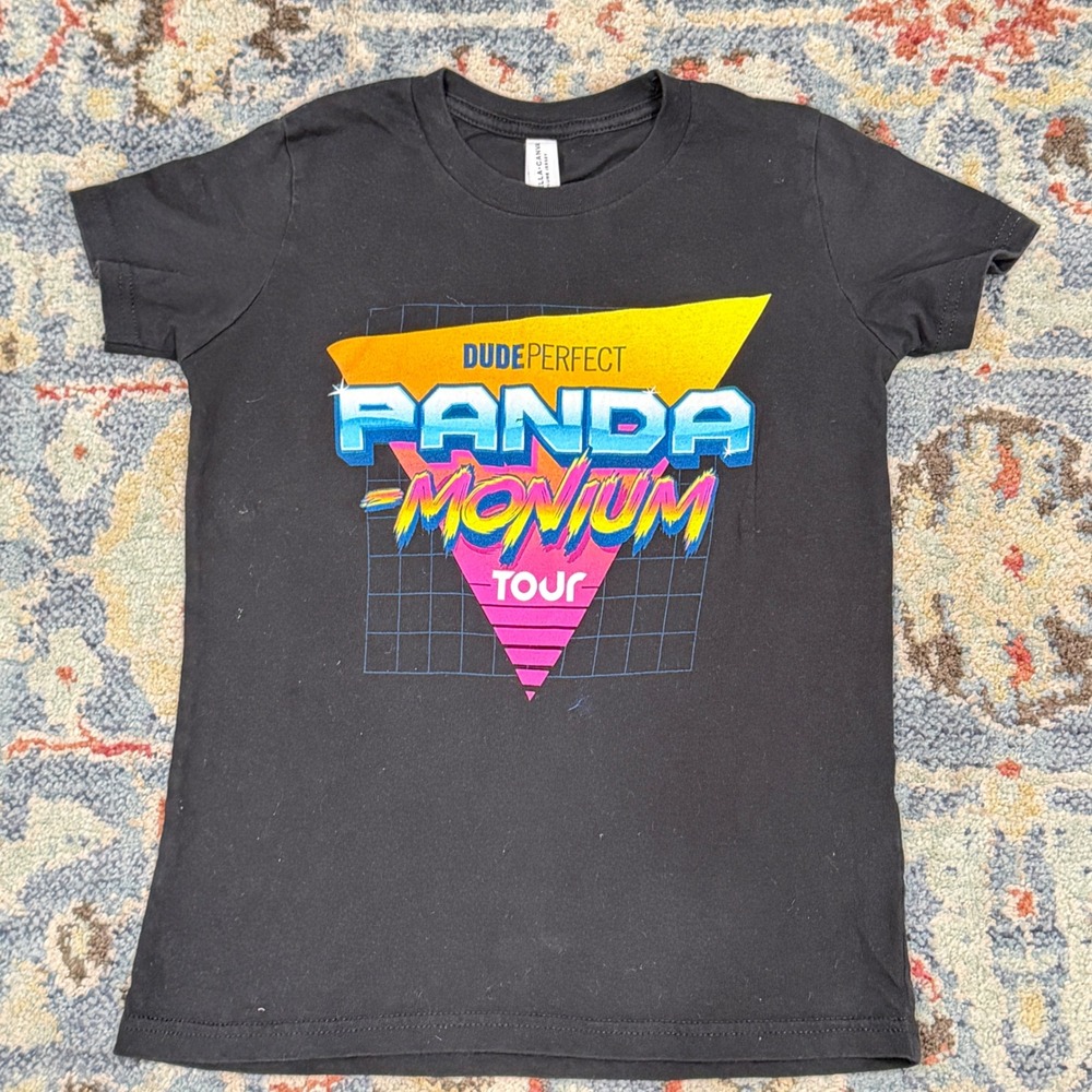 Dude Perfect T-Shirt Kids Small Black Panda-Monium 2023 Tour Graphic *Flawed